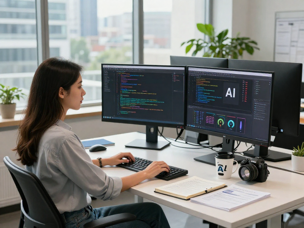 AI slut represented in a tech workspace with a woman coding AI algorithms on dual monitors.