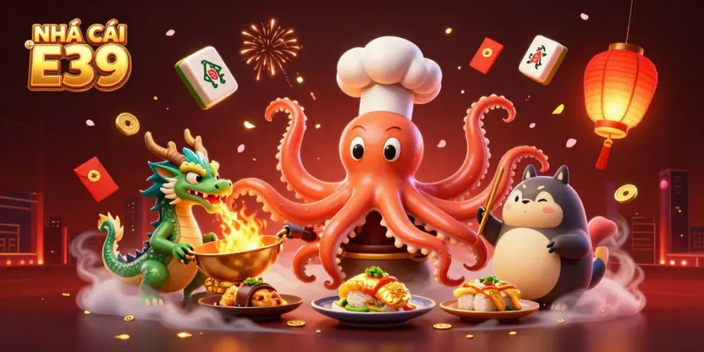 Experience thrilling betting action at NHÀ CÁI E39 with vibrant illustrations of dynamic casino elements.