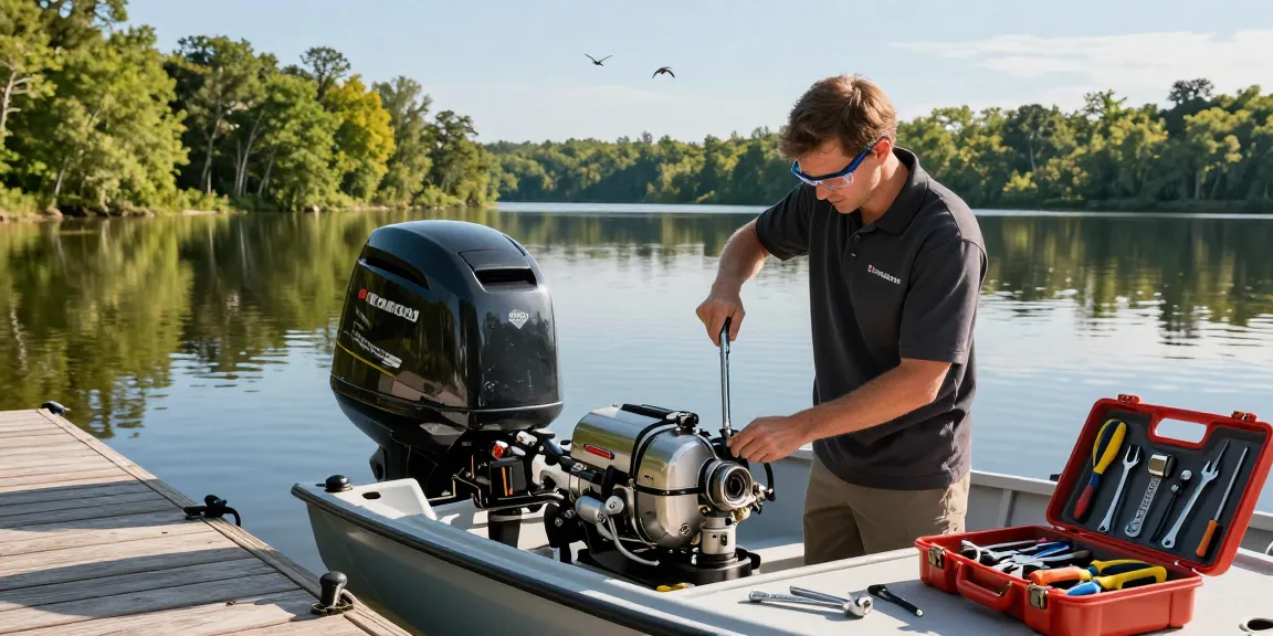 Technician performing outboard motor service with tools on a fishing boat.