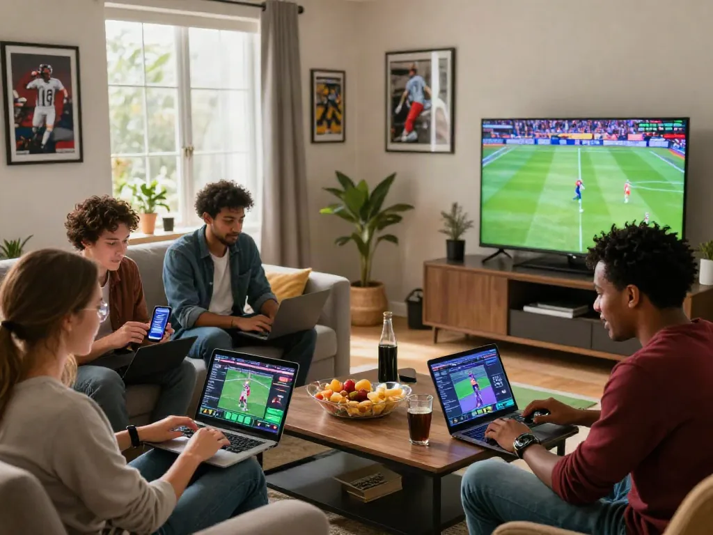 Friends using https://five88.boats/ for online sports betting in a lively living room.