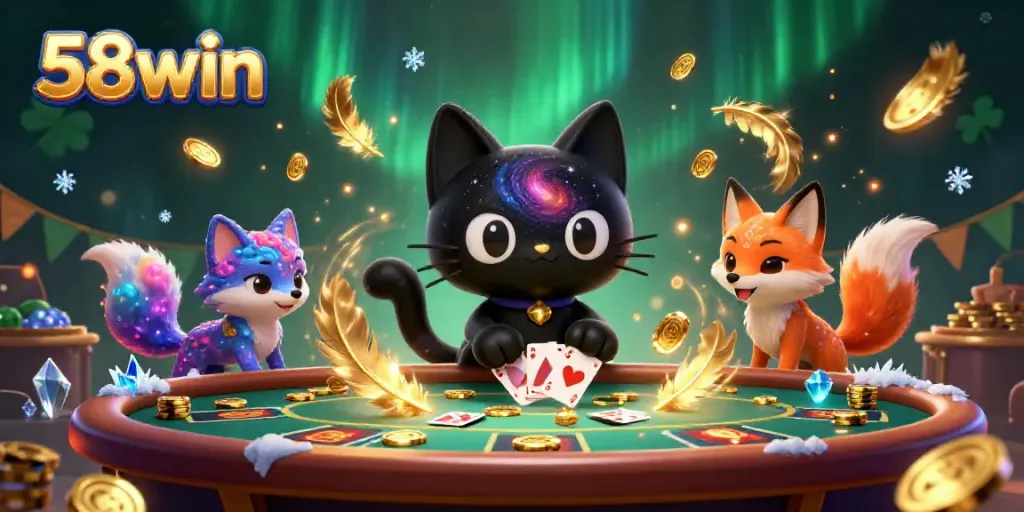 Play at 58win's cosmic casino with winning chips and cards featuring a black hole cat and nebula fox.