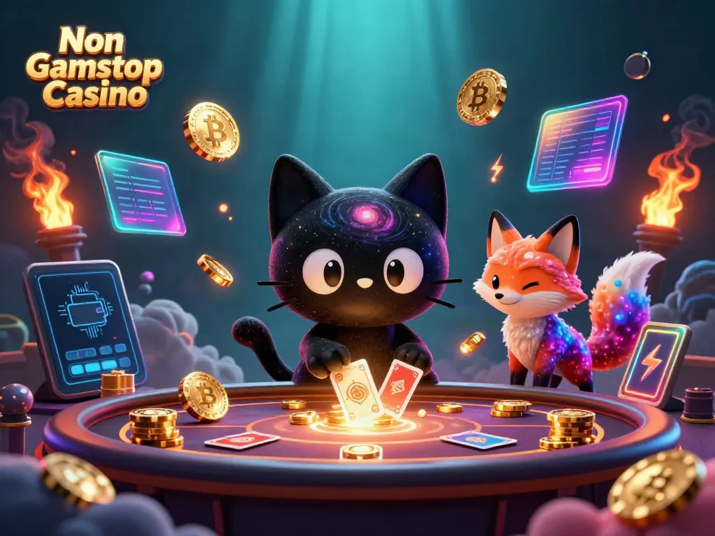 Engage with the Non Gamstop Casino as a cosmic black hole cat draws in golden chips and cards.