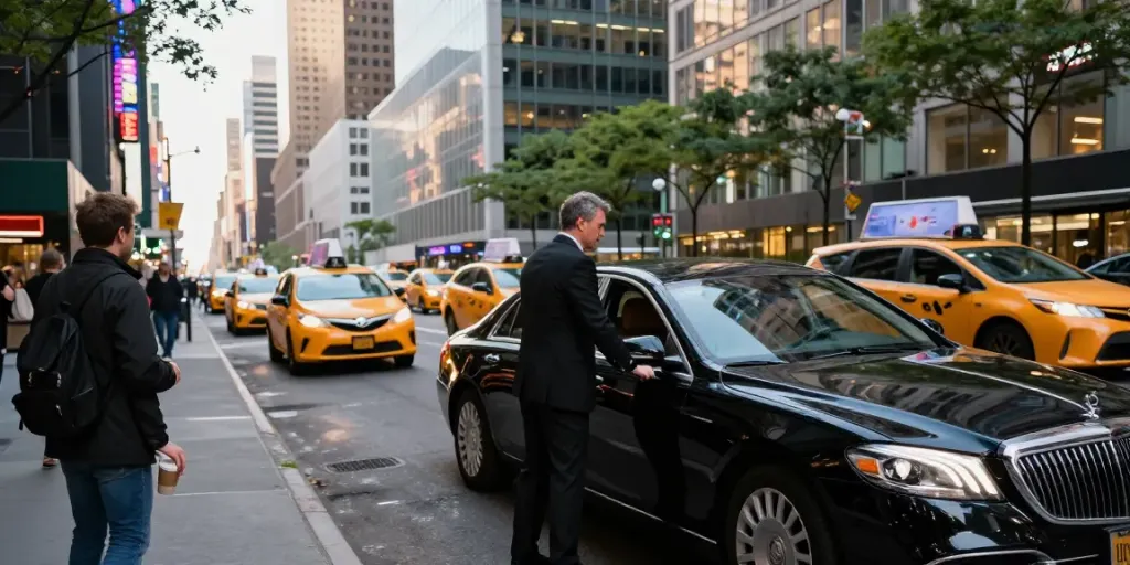 Luxury car service NYC with executive passenger in busy city street during rush hour