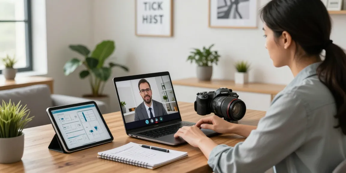 Self-employed consultant conducting a virtual meeting in a modern home office, surrounded by project plans and motivational decor.