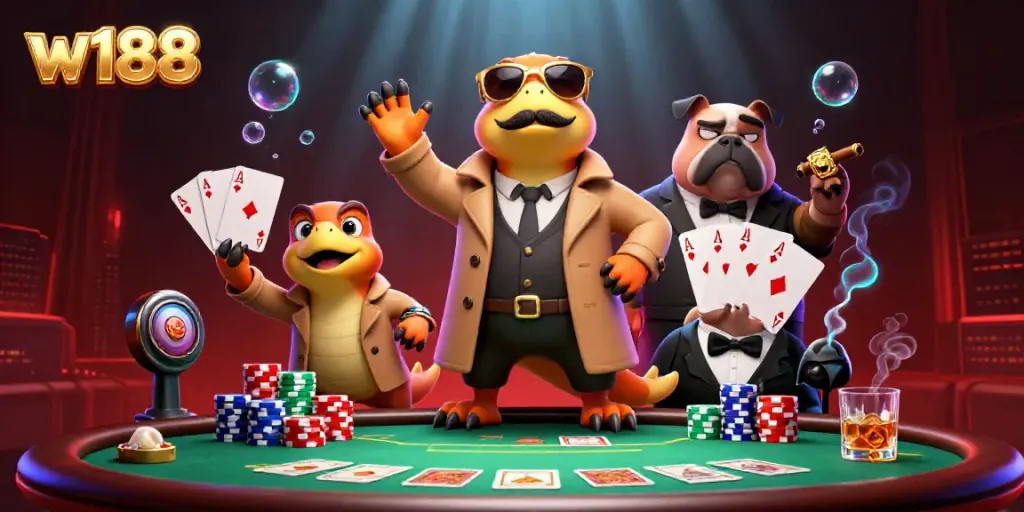 Raptors in a trench coat attempt to enter a VIP lounge at w188 casino with poker elements.