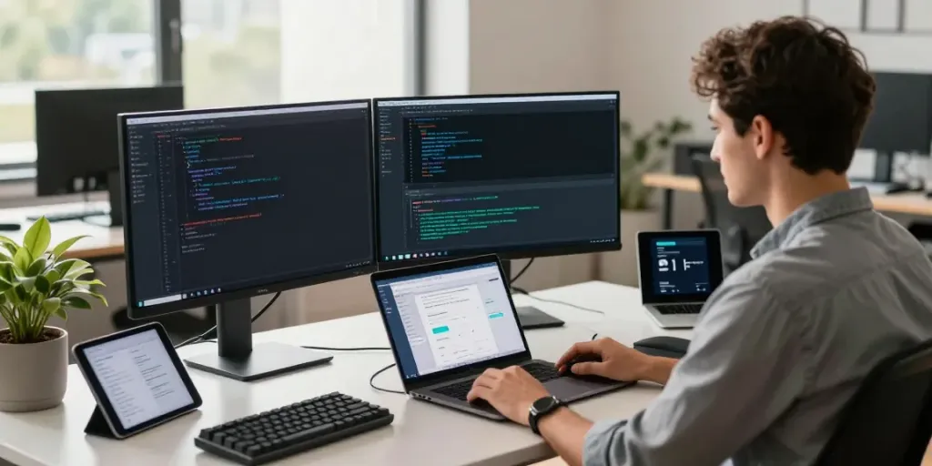 Developer working on software code with dual monitors in a modern tech workspace focused on instant indexing solutions.