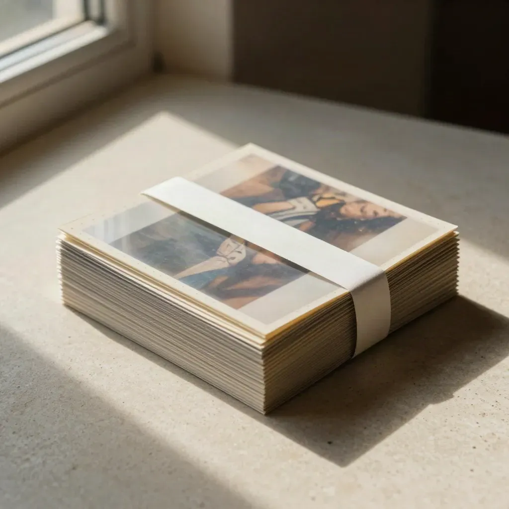 Accordion coupon pack, glassine sleeve and band on pale stone, lit from upper left.