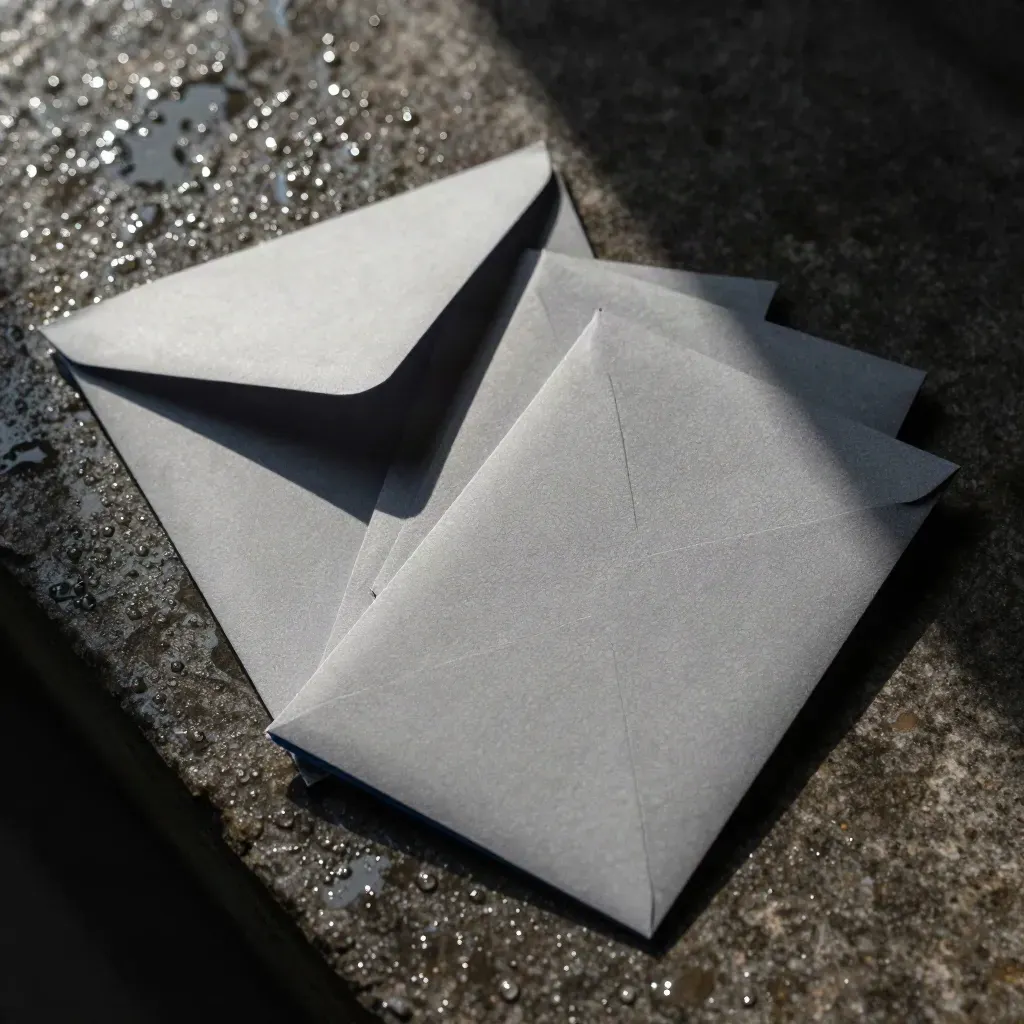 Top-down macro of a matte card alert pack with envelope and insert cards on wet stone.