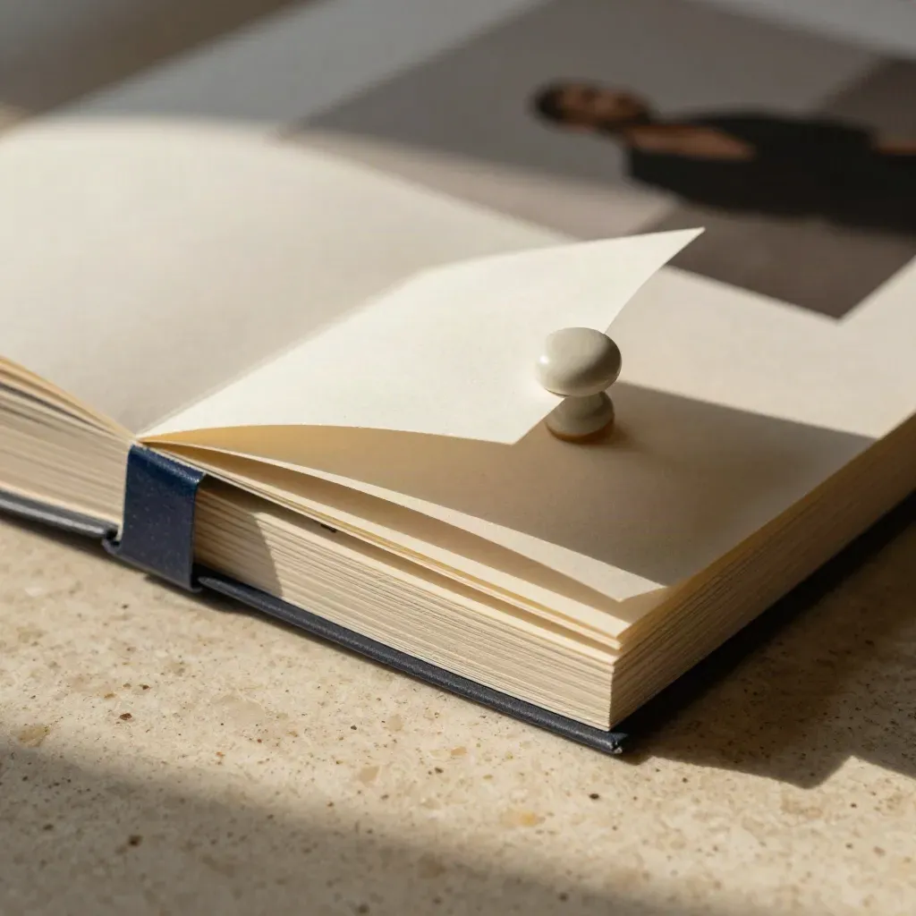 Macro of a booklet opening with paper band, insert and ceramic weight on travertine.