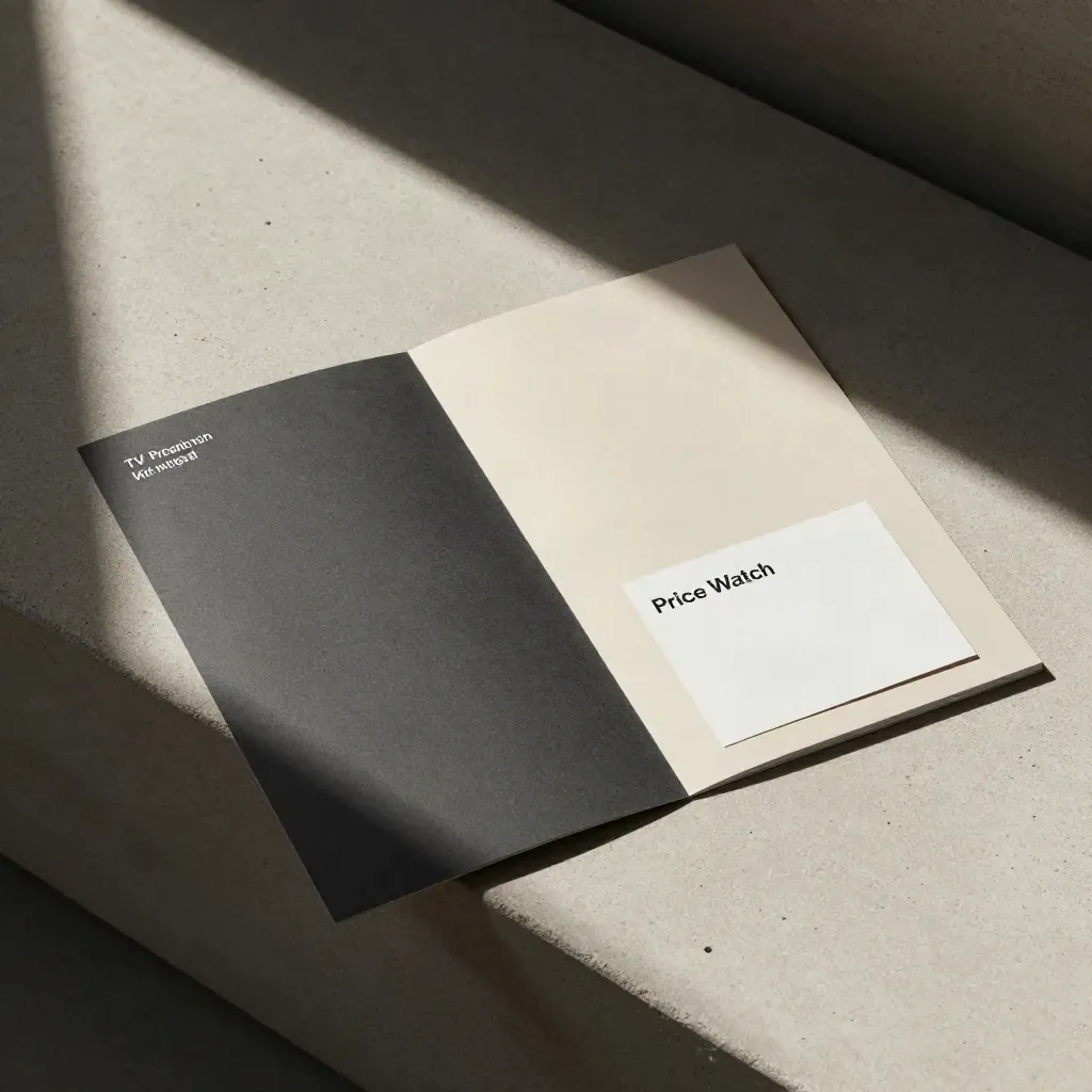 Top-down TV price watch kit: graphite folio, screen-shaped slab and folded alert card on pale concrete.