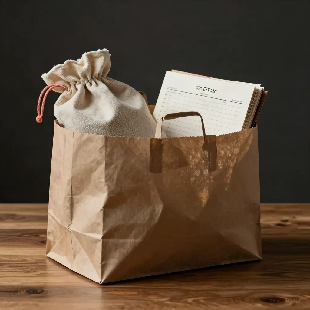 Paper grocery bag, linen produce pouch and checklist pack on warm wood in dramatic studio light.