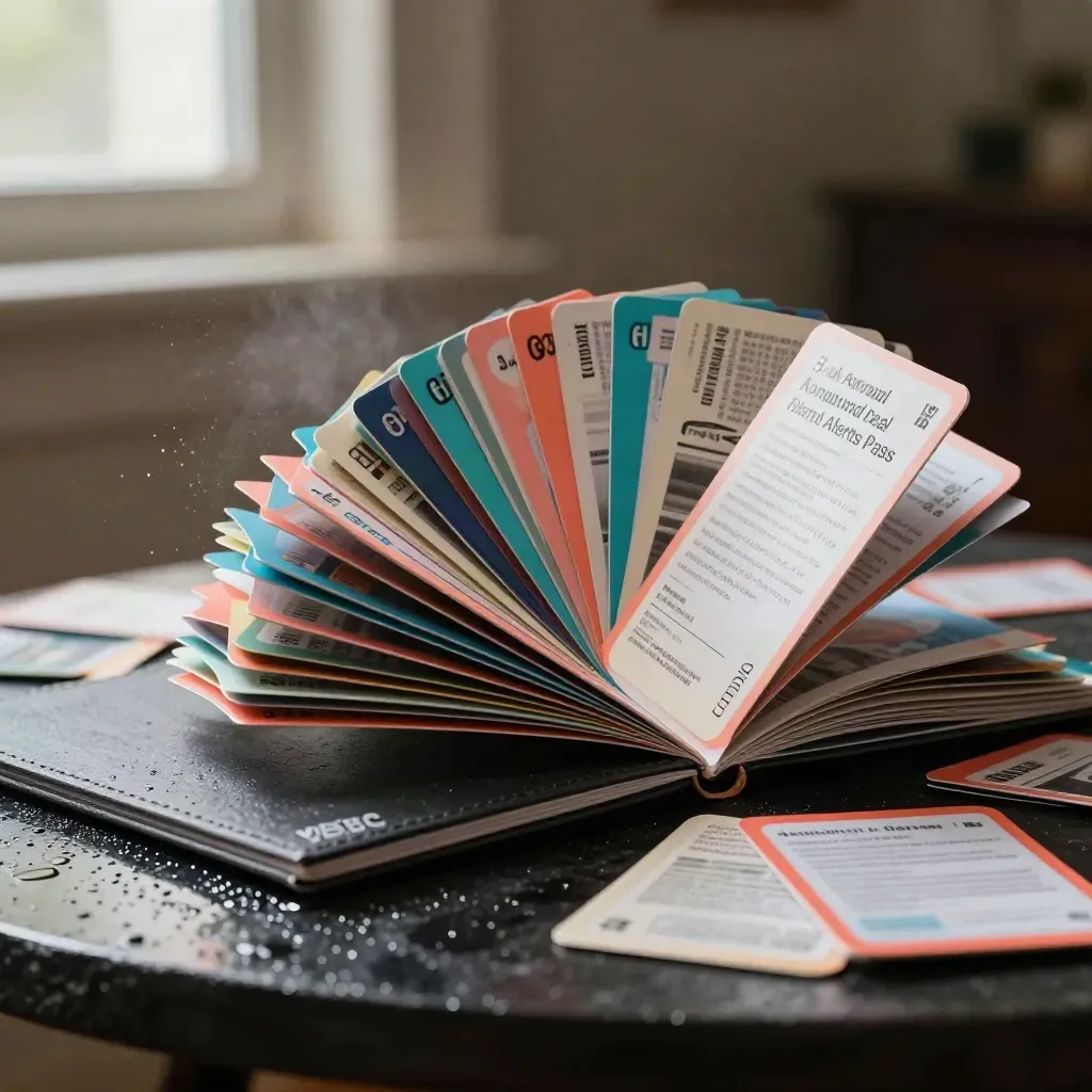 Opened deal-alert folio bursting with coral cards and teal tabs on wet stone in dramatic light