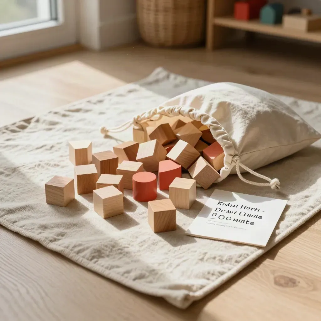 Wooden toy blocks spilling from a pouch beside a folded card on a linen play mat.