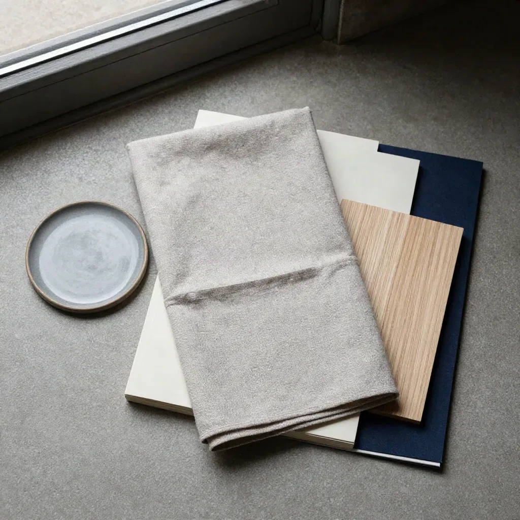 Overhead flatlay of linen swatch, coaster, wood sample card and notes on pale stone.
