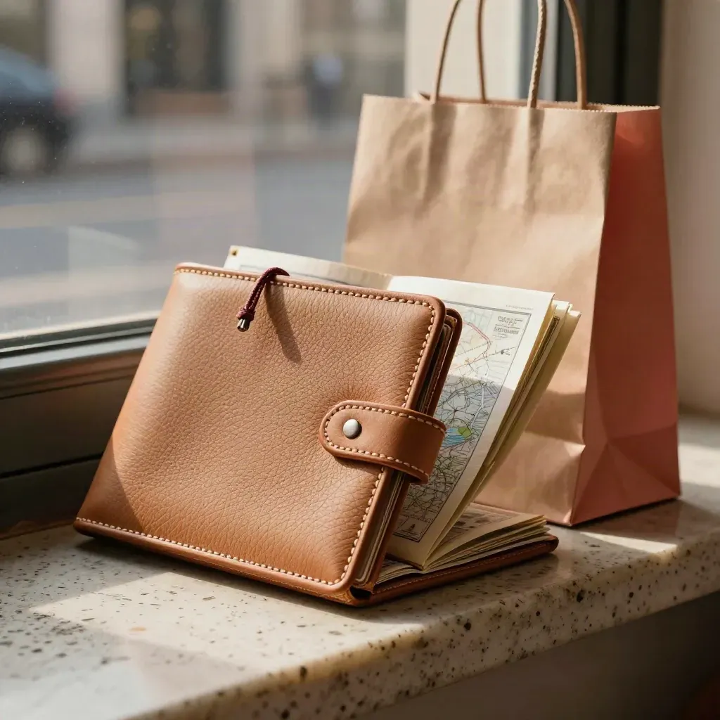 Leather folio with folded map insert and shopping bag on stone, lit by late sun.