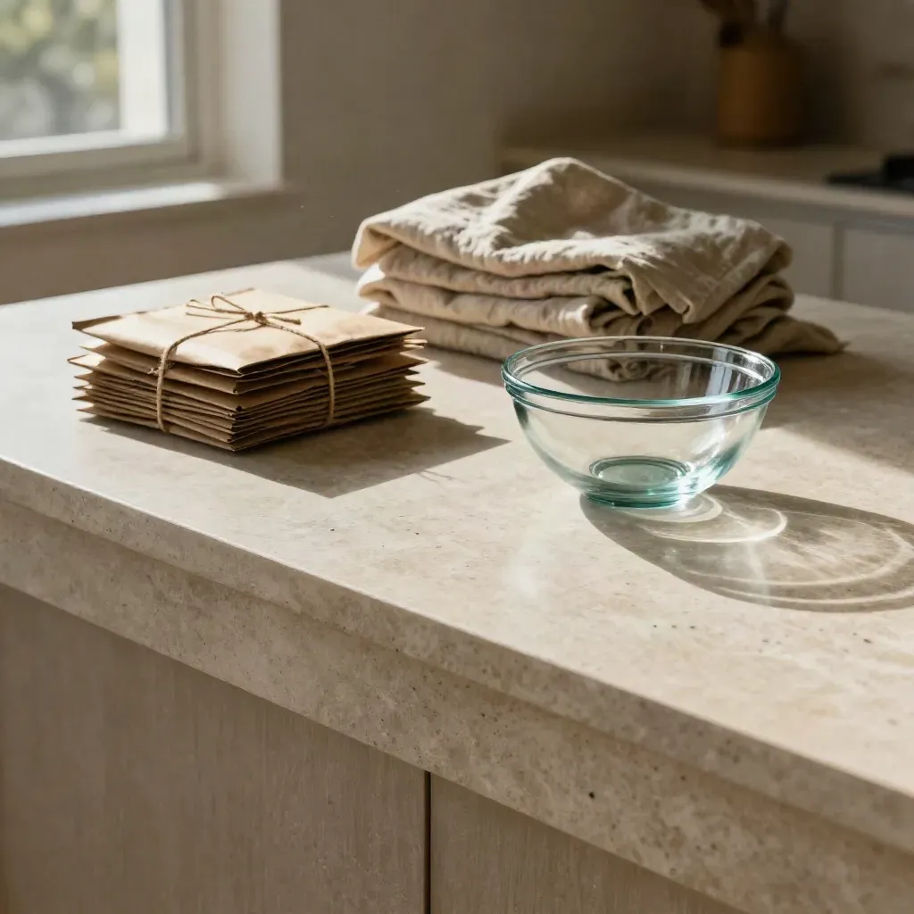Sunlit limestone counter with parcels and a glass bowl, calm stone space below.