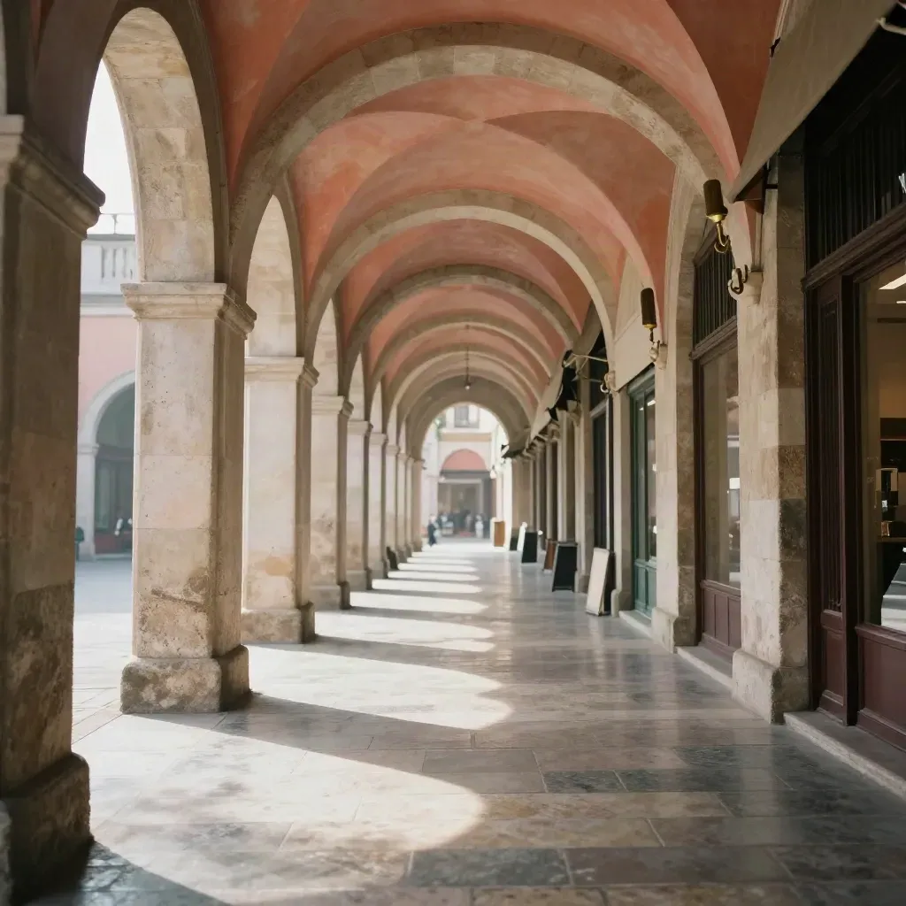 Sunlit stone market arcade with awnings and a calm reflective floor for headline copy