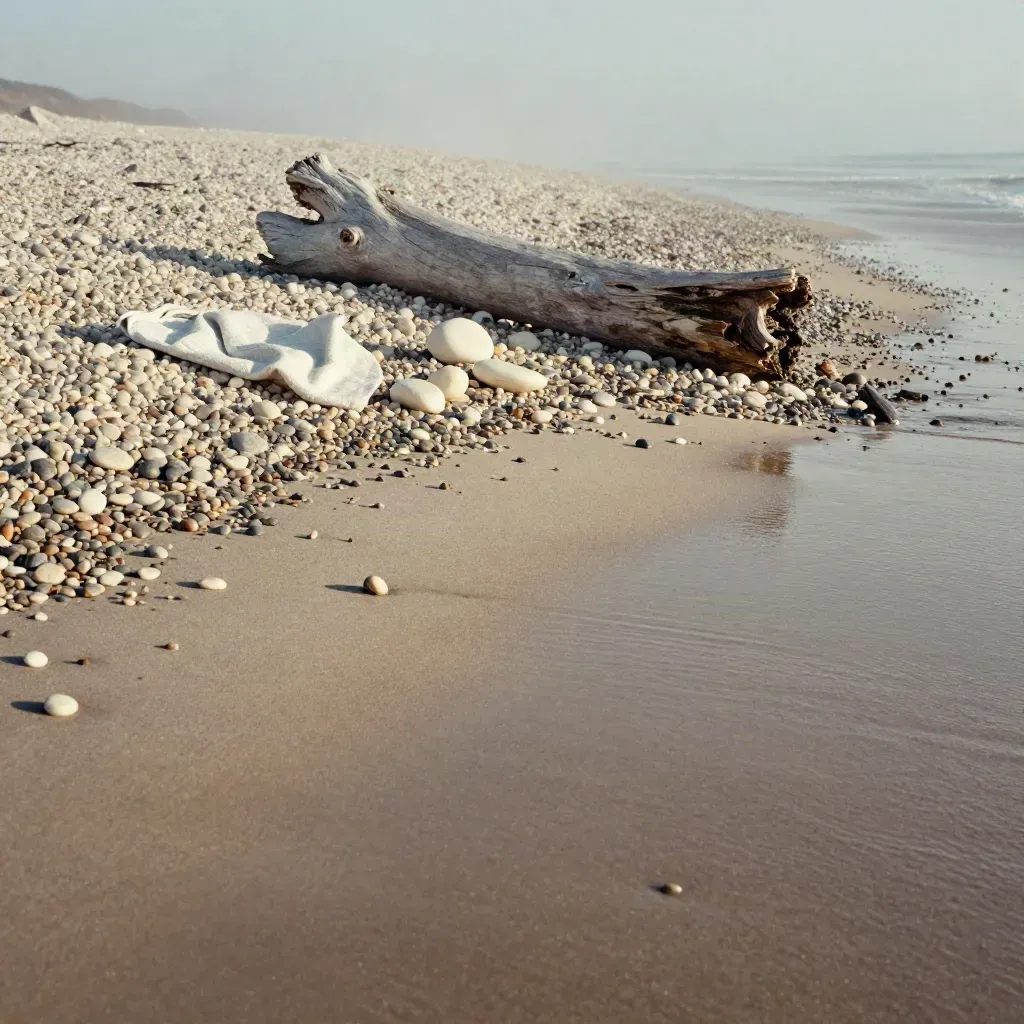 Pale pebble shore with driftwood, sea mist, and a folded cloth under soft coastal light.