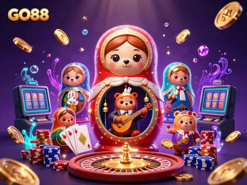 Experience the excitement of GO88 with animated casino elements and charming characters in a vibrant 3D scene.