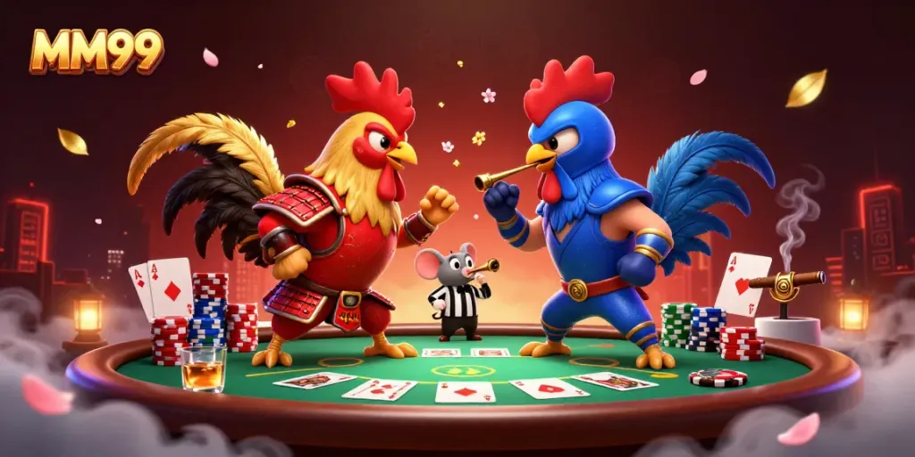 MM99 showcases twin fighting roosters in an epic standoff, vibrant casino elements enhancing the thrill.
