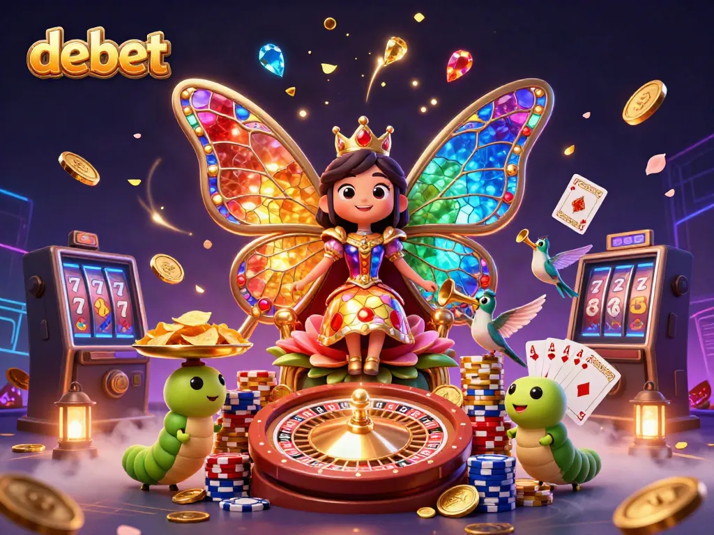 Experience debet casino excitement with a colorful scene of a butterfly queen, gaming elements, and vibrant casino visuals.