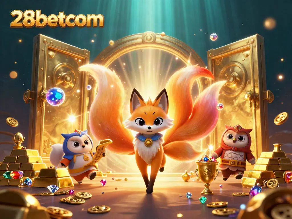 Experience vibrant gaming with 28betcom featuring a spirited nine-tailed fox and treasure-filled scene.