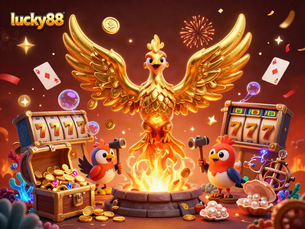 Spin and win with lucky88 as the golden phoenix emerges surrounded by exciting casino elements.