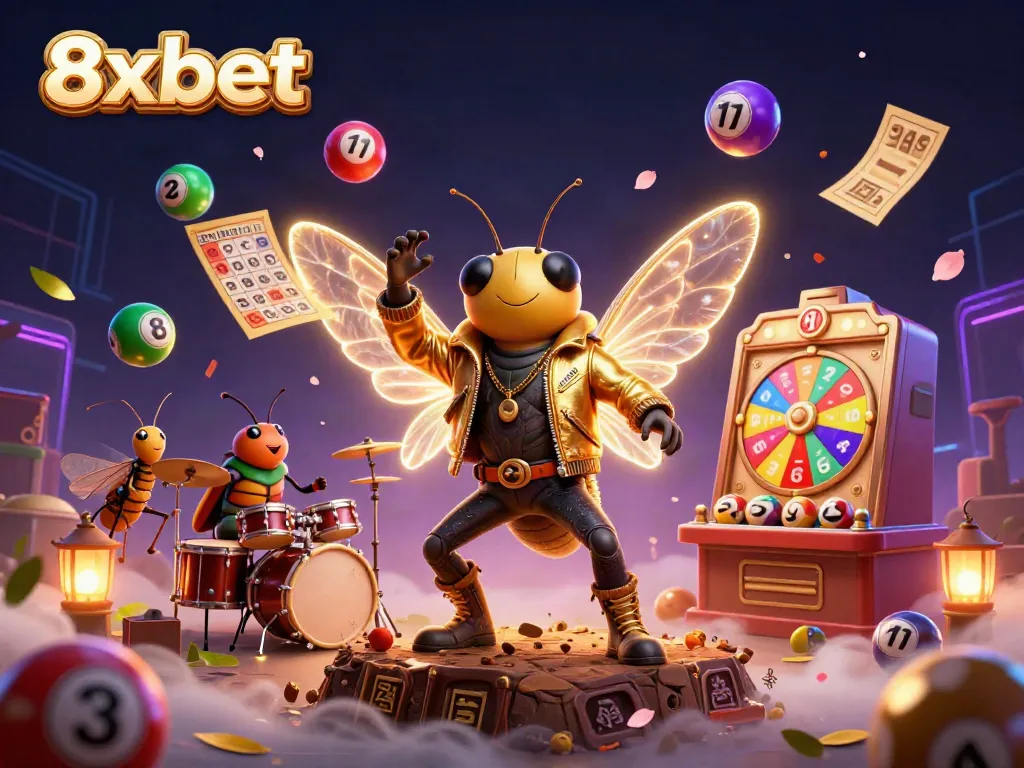 8xbet showcases an exciting lottery and gaming experience with vibrant characters and dynamic elements.