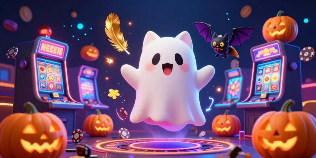 Experience the thrill of 8xbet com with a ghost cat and vampire bat in a spirited casino scene.