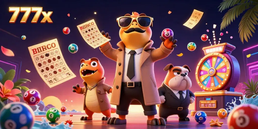 Experience the thrilling atmosphere of 777x with colorful lottery elements and fun characters.