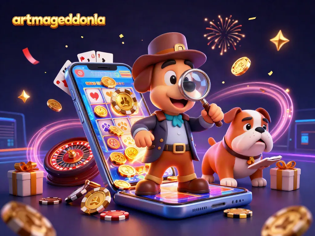 artmageddonla showcases a 3D detective and bulldog examining a poker chip amid gambling excitement.