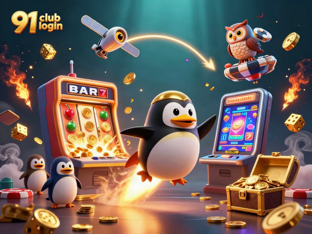 Engage with 91 club login, featuring a golden penguin navigating a vibrant casino universe.