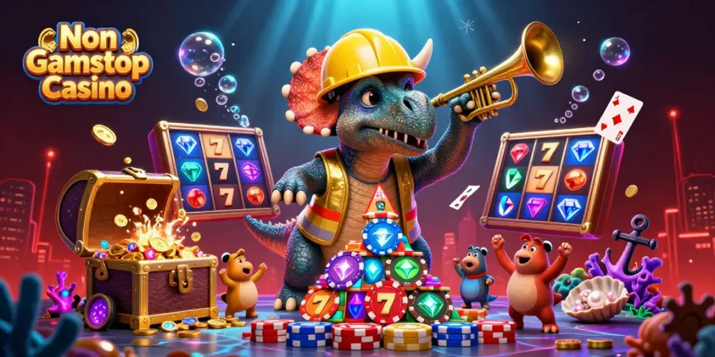 Engage in exhilarating play at Non Gamstop Casino with vibrant slot reels and playful dinosaur characters.