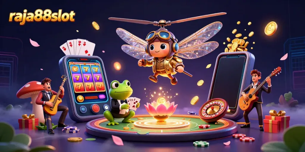 Engage with raja88slot as a dragonfly pilot and frog croupier create vivid gaming moments.