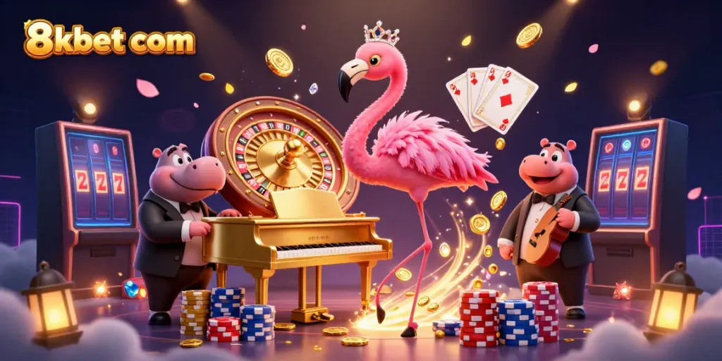 Experience exciting gameplay at 8xbet com with vibrant 3D casino illustration of lively characters and dynamic gaming elements.