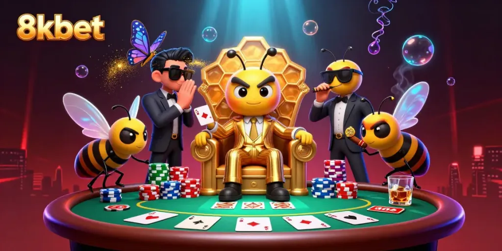 Action-packed scene with 8xbet characters during a thrilling poker game, showcasing vibrant gambling elements.