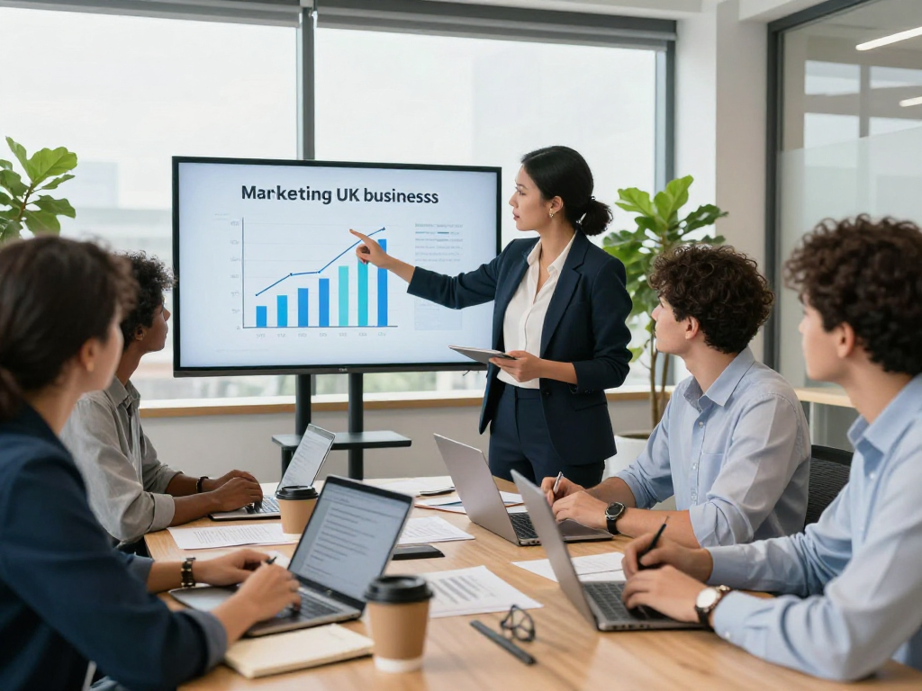 Collaboration among professionals to promote UK businesses in a modern office setting.