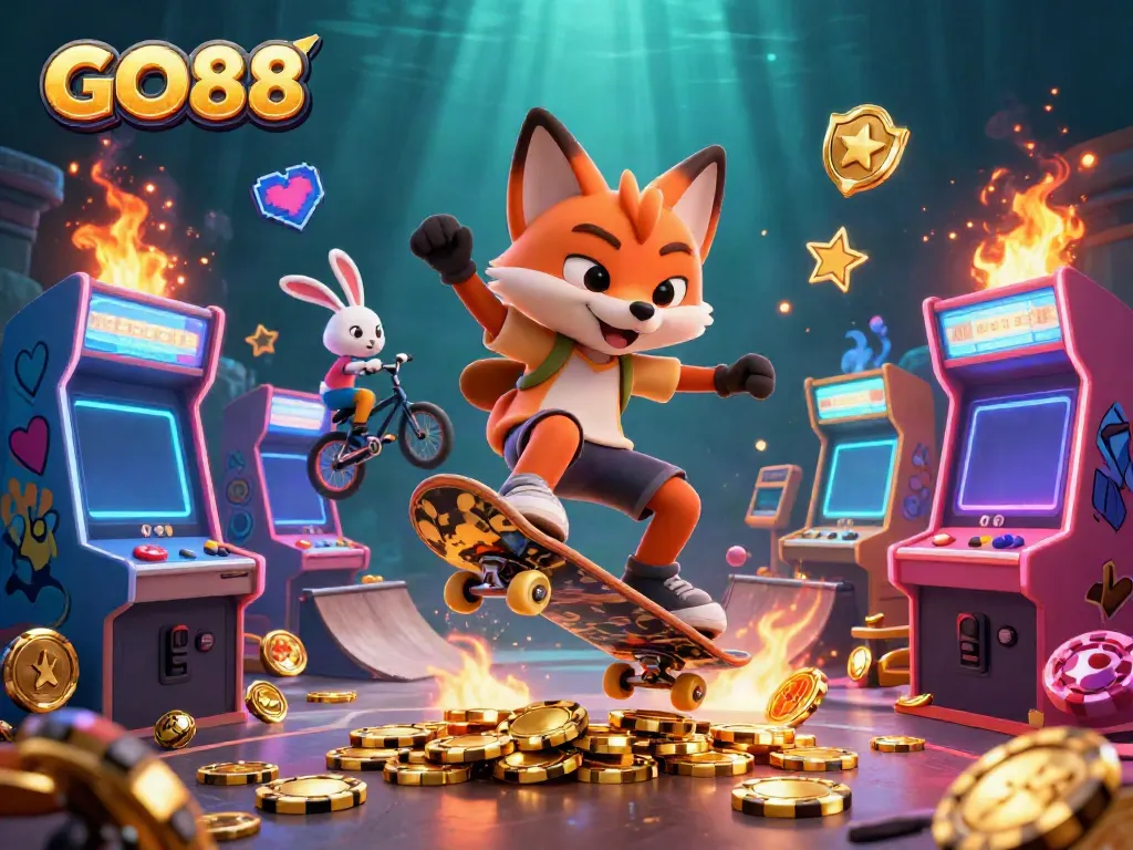 Experience the thrill of GO88 with a vivid 3D scene featuring a fox and rabbit in a casino-themed world.