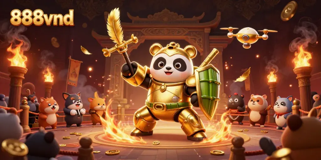 Engage with 888vnd's exciting arena featuring a golden panda and dynamic casino elements in action.