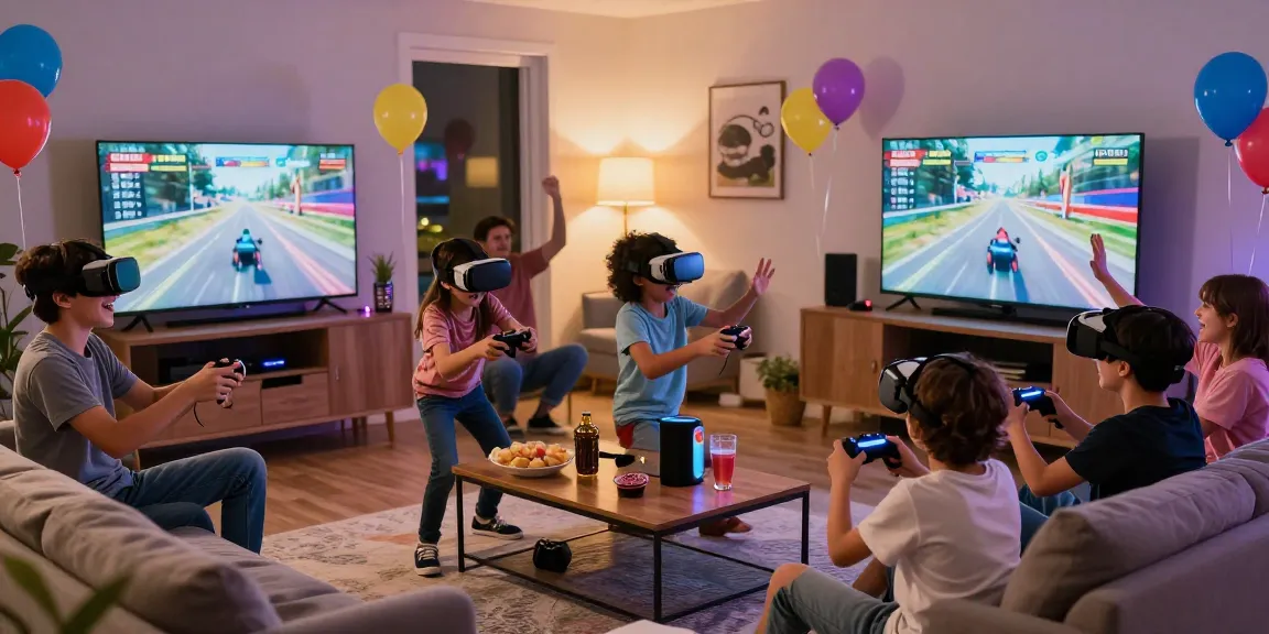 Exciting video gaming party with kids playing and enjoying VR games together in a decorated living room.