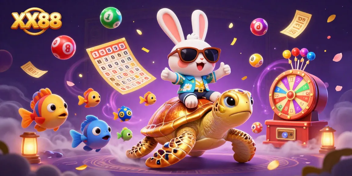 Experience winning moments with XX88 as a lucky rabbit rides a golden turtle amidst dynamic gaming elements.