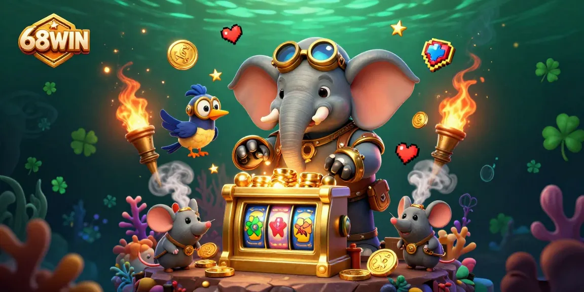 Engage in thrilling gameplay with 68WIN's steampunk elephant at a vibrant slot machine, surrounded by underwater treasures.
