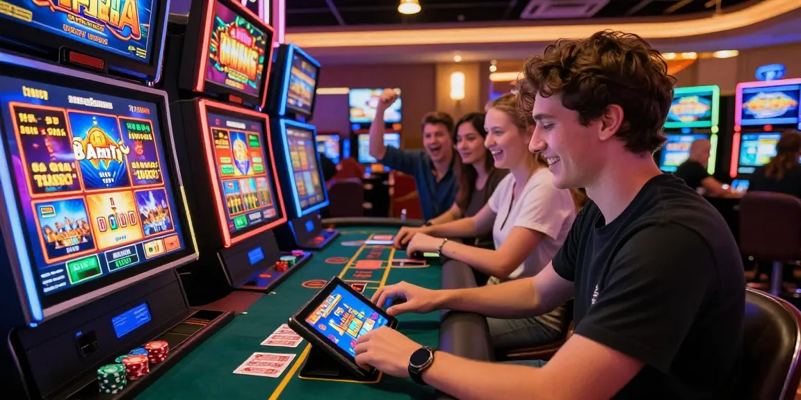 Exciting scene at casinos that accept credit cards, showcasing players engaging with slot machines and live dealers in a vibrant environment.