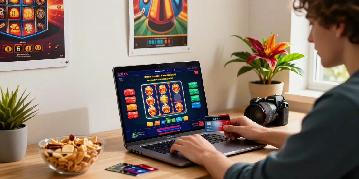Engaging at a credit card casino in a vibrant home office setting with colorful gaming decor and visible payment options.
