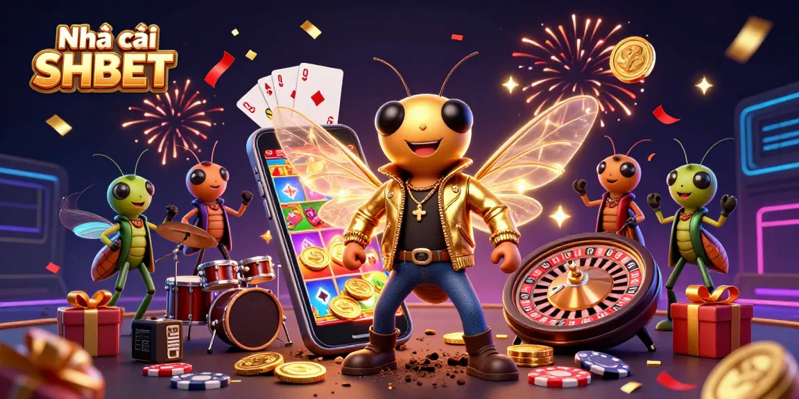 Play vibrant slot games with Nhà cái SHBET featuring a lively 3D cartoon scene of a cicada rock star and casino elements.