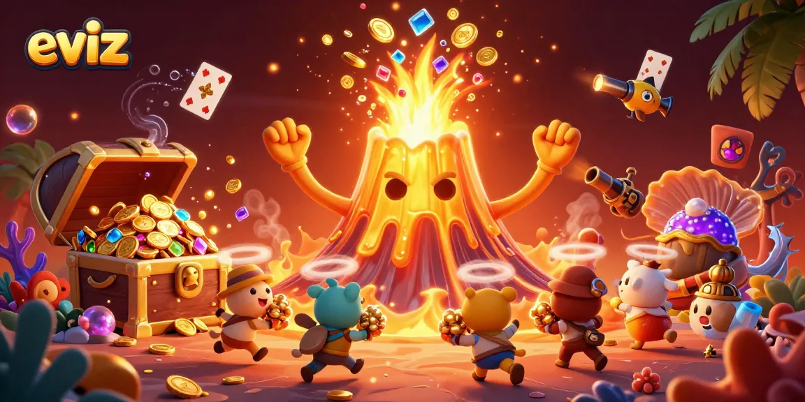 Eviz showcases a triumphant golden volcano erupting coins in a vibrant casino scene.