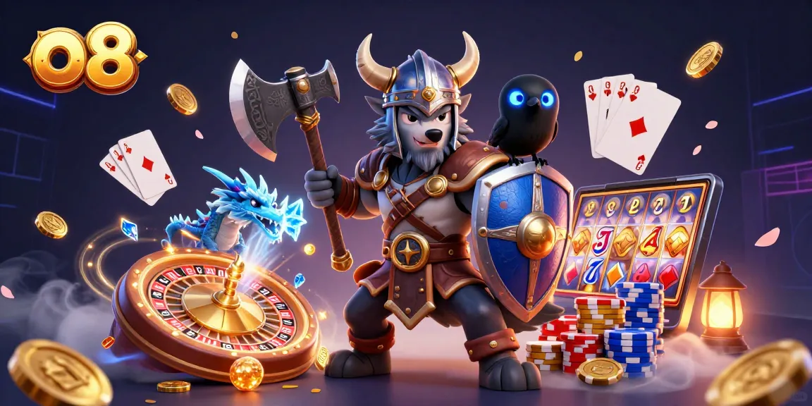 Engage with thrilling o8 gaming action featuring a Viking wolf warrior and dragon amidst cascading golden coins.