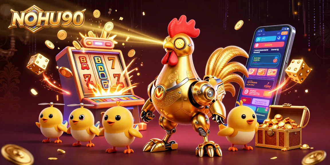 Engage with NOHU90 in a vibrant 3D slot gaming explosion featuring golden rooster and baby chick drones.