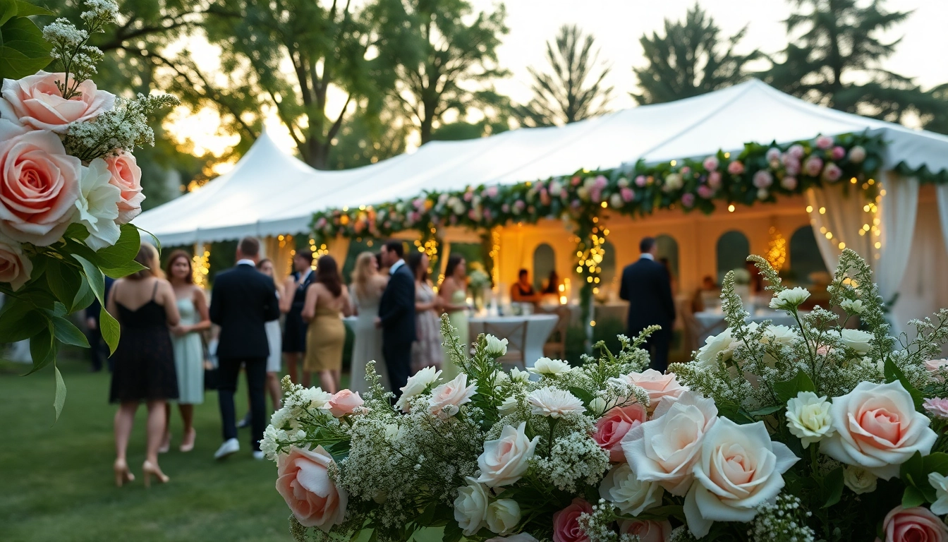 Guests enjoying an elegant outdoor event captured beautifully at https://www.casablancahire.co.uk/ with floral decorations.