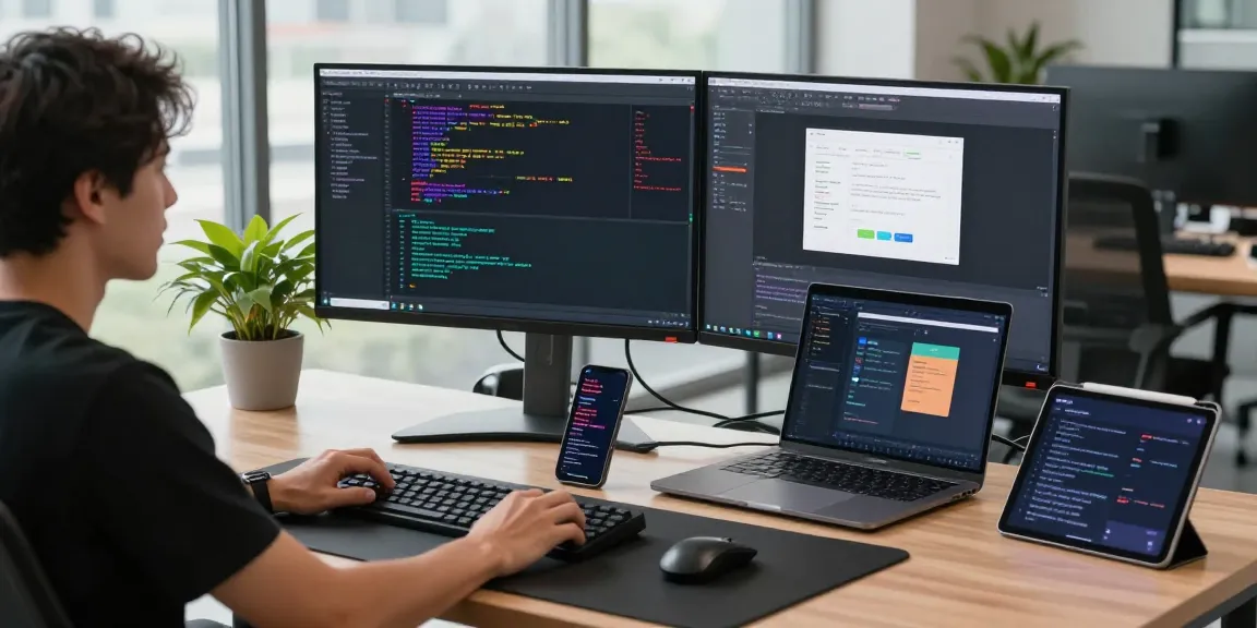 Engaging workspace showcasing beta tools with a software engineer coding on dual monitors in a modern office environment.